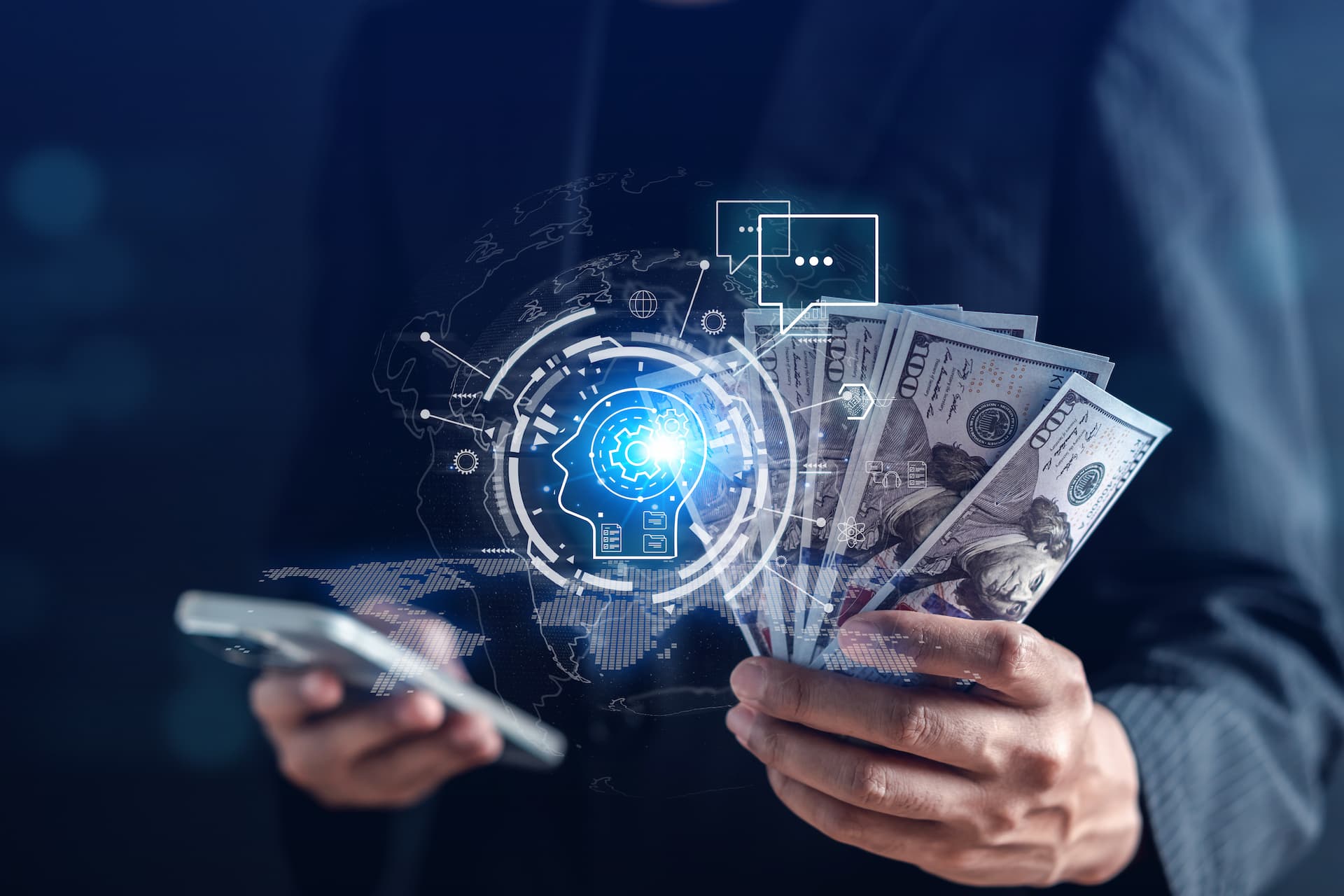 Interface digital com gráficos financeiros e ícones de inteligência artificial, representando a gestão moderna de finanças pessoais.