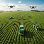 Drones sobrevoando lavoura com máquinas agrícolas