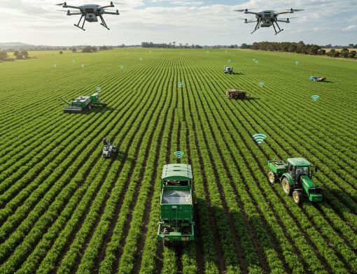 Drones sobrevoando lavoura com máquinas agrícolas