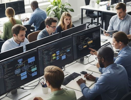 Grupo de profissionais em ambiente de trabalho colaborativo.