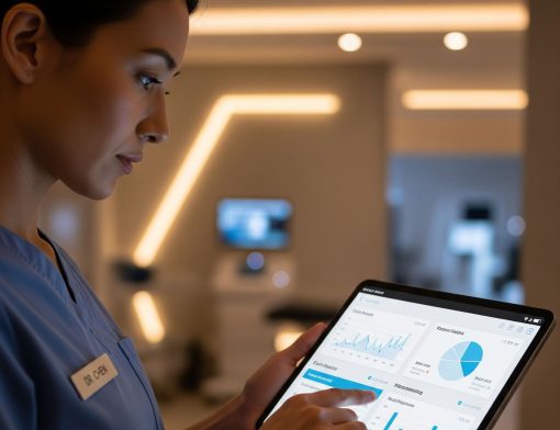 Profissional de saúde analisando dados em tablet
