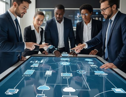 Reunião com equipe analisando dados em mesa interativa.