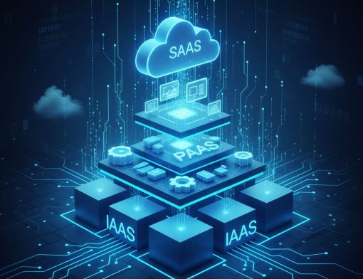 Ilustração de modelos de serviços em nuvem: SaaS, PaaS e IaaS.