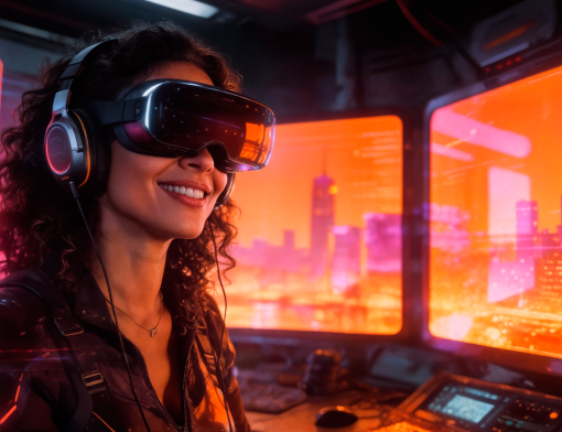 Imagem de tecnologia e mulher com óculos de VR.