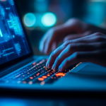 Mãos de um humano digitando em um notebook sobre Inteligência Artificial