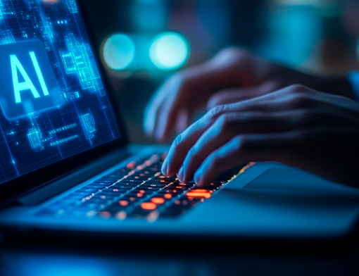 Mãos de um humano digitando em um notebook sobre Inteligência Artificial