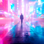 Homem caminhando em túnel colorido e tecnológico