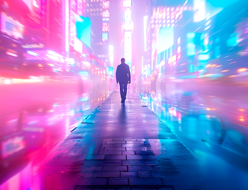 Homem caminhando em túnel colorido e tecnológico