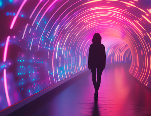 Mulher caminhando em um túnel colorido e tecnológico